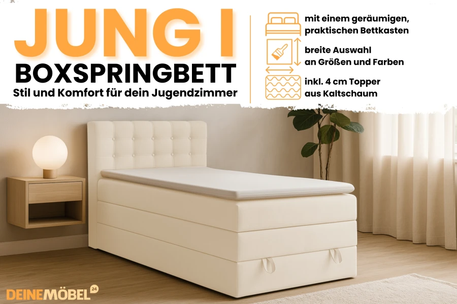 Vorteile des JUNG I Boxspringbetts: Bettkasten, Topper und große Farbauswahl.