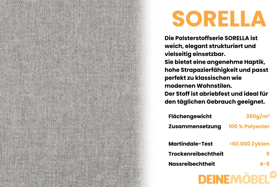 Grauer SORELLA Polsterstoff mit eleganter Textur und technischen Details zur Strapazierfähigkeit.