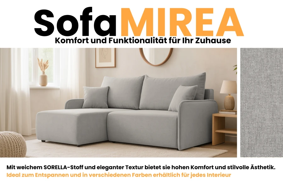 Stilvolles graues Sofa MIREA mit SORELLA-Stoffbezug in modernem Wohnambiente.