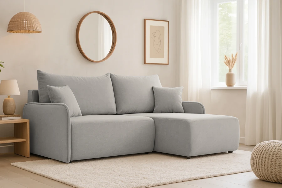 Modernes hellgraues Ecksofa mit Ottomane rechts im stilvoll eingerichteten Wohnzimmer.