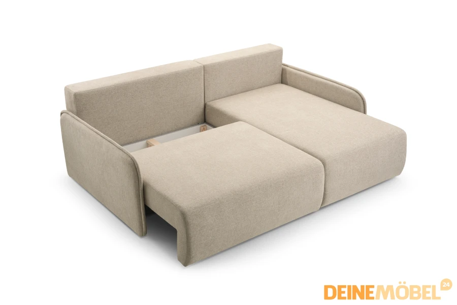Ausziehbares Ecksofa in Beige mit Schlaffunktion und Bettkasten.