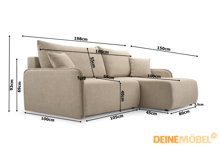 Maßskizze eines beigen Ecksofas mit allen wichtigen Abmessungen.