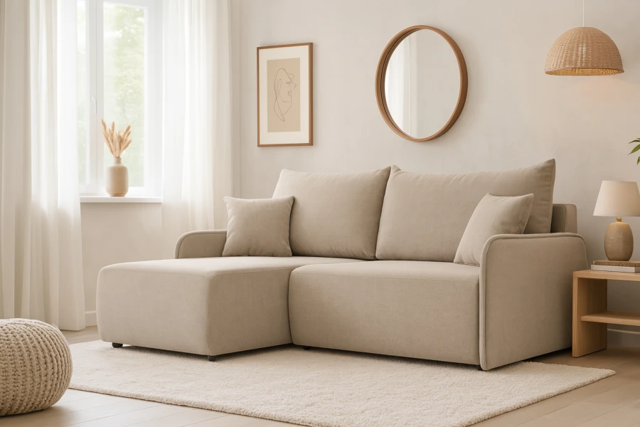 Beiges Ecksofa in hellem Wohnzimmer mit skandinavischem Design und rundem Spiegel.