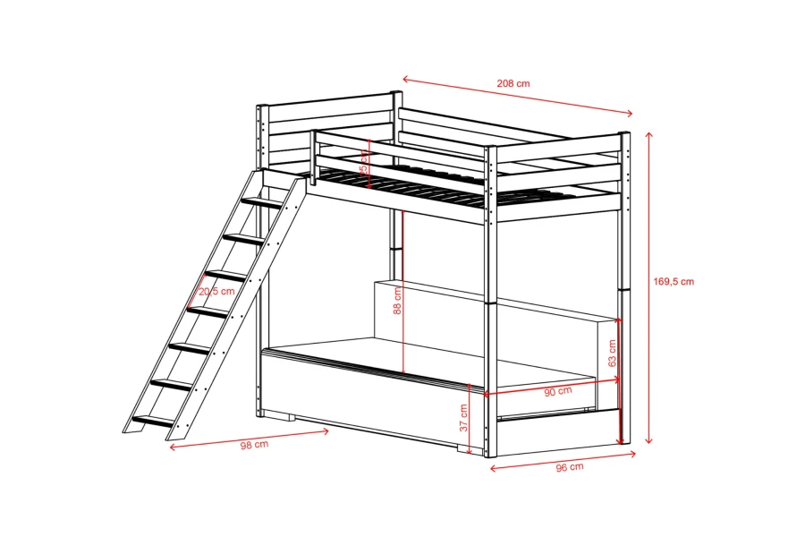 Maßskizze für ein weißes Hochbett mit Leiter und Sofa-Funktion, inklusive detaillierter Größenangaben.