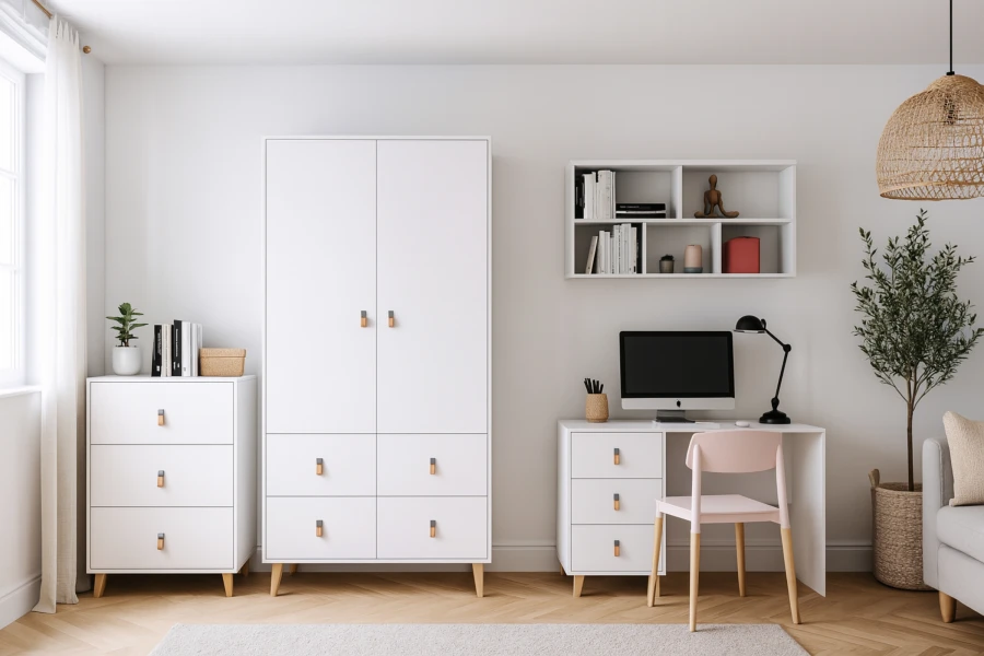 Modernes Home-Office Set in Weiß mit Kleiderschrank, Kommode und Schreibtisch im skandinavischen Stil.