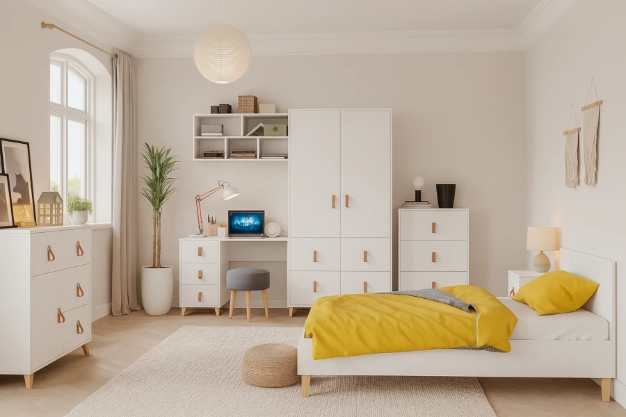 Gemütliches Schlafzimmer mit weißen Möbeln und gelben Farbakzenten.