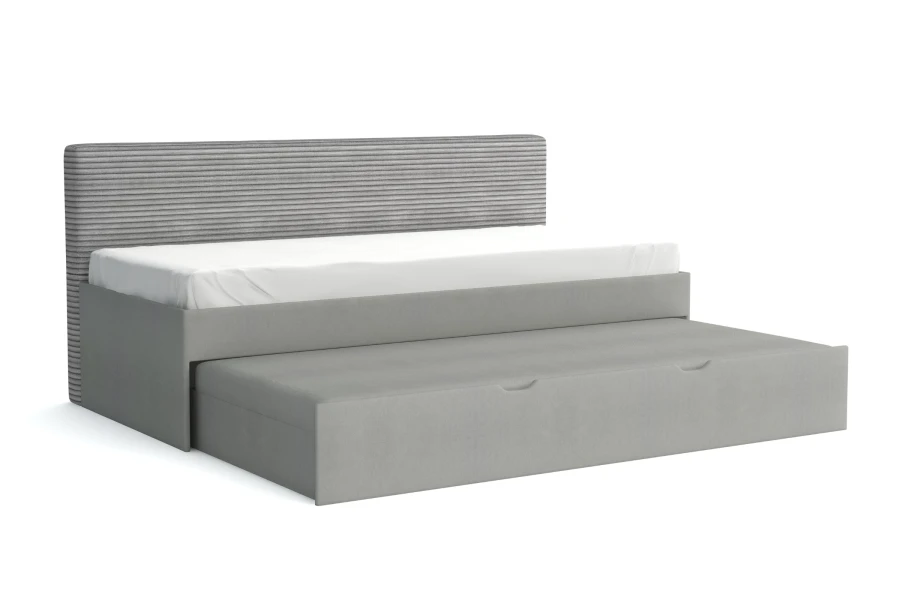 Hellgraues Funktionsbett mit ausziehbarer Liegefläche und Rippen-Design am Kopfteil.