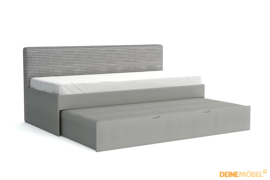Graues Funktionsbett mit ausziehbarer zweiter Liegefläche und Streifen-Kopfteil.