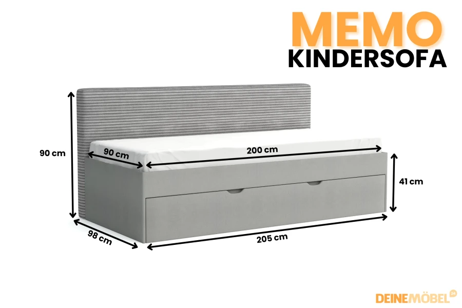 Abmessungen des Memo Kindersofas mit 90x200 cm Matratze und Bettkasten.