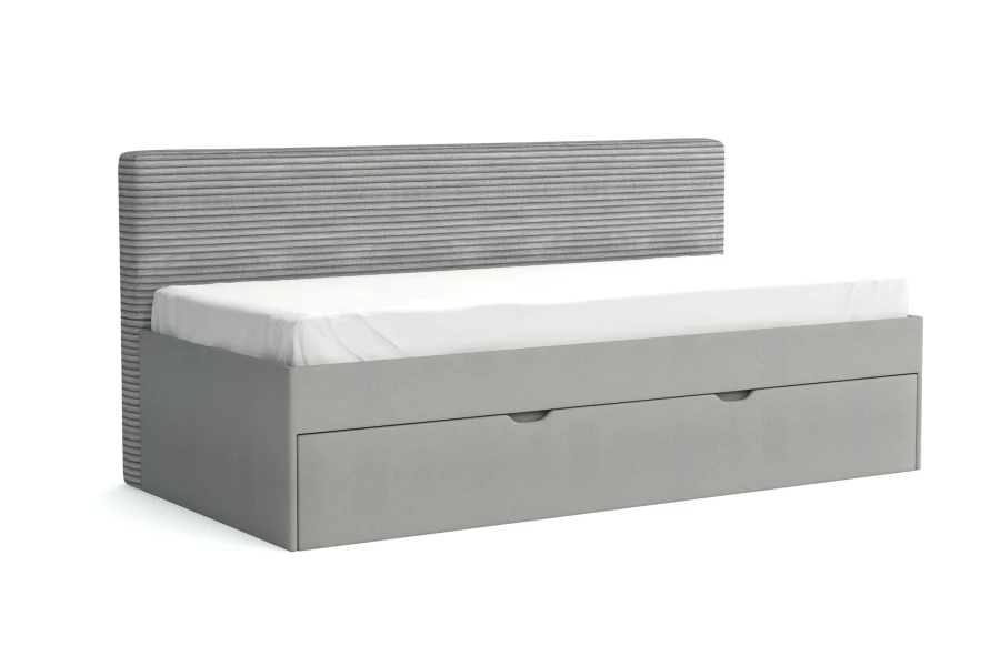 Memo Kindersofa in Grau, minimalistisches Design mit Polsterkopfteil.