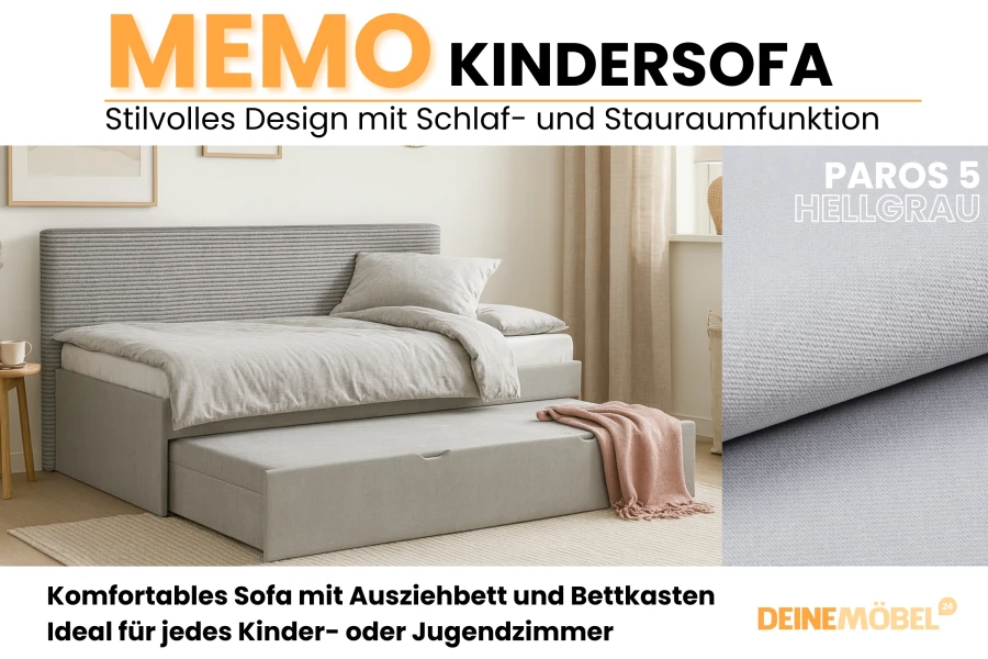 Memo Kindersofa: Stilvolles Design mit Schlaffunktion und Bettkasten in Hellgrau.