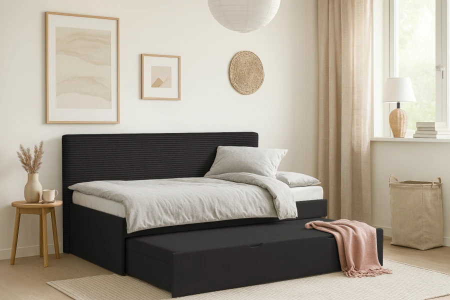 Modernes Funktionsbett in Schwarz mit Ausziehfunktion im hellen Wohnzimmer
