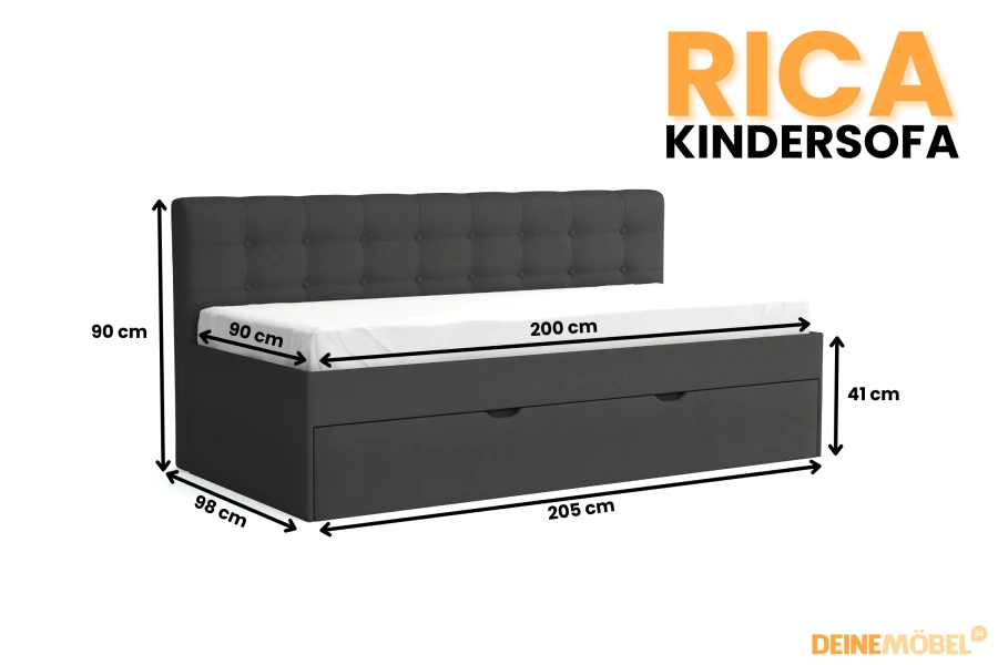 Abmessungen des dunkelgrauen Kindersofas Rica mit ausziehbarer Liegefläche.