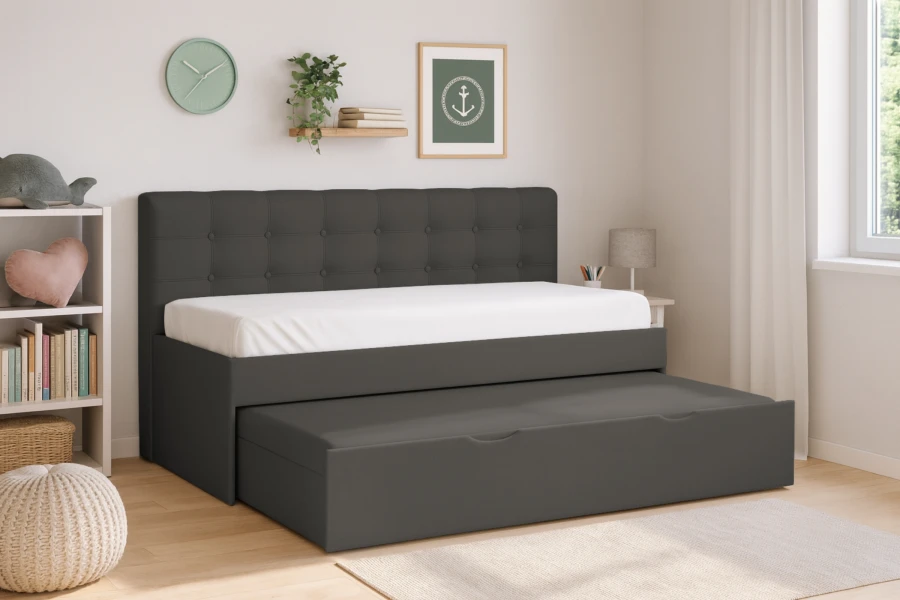 Gemütliches Kinderzimmer mit dem dunkelgrauen Ausziehbett Rica als funktionalem Schlafplatz.