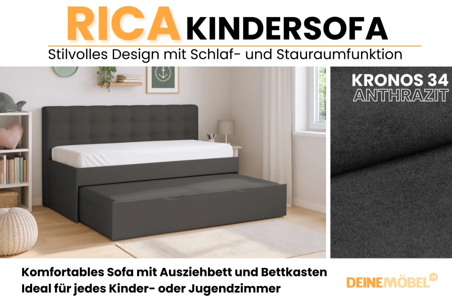 Rica Kindersofa in Anthrazit mit Ausziehbett und Bettkasten für das Jugendzimmer.