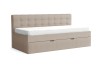 Modernes Polsterbett Rica in Beige mit gepolstertem Kopfteil und Ausziehfunktion.