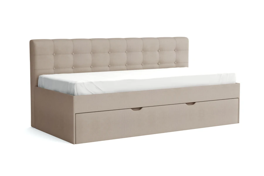 Modernes Polsterbett Rica in Beige mit gepolstertem Kopfteil und Ausziehfunktion.