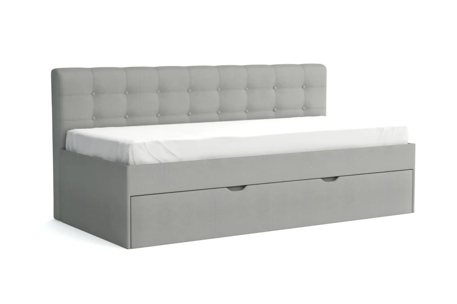 Modernes graues Kindersofa mit Bettkasten und praktischer Ausziehfunktion für Gäste.