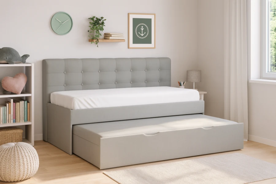 Hellgraues Funktionsbett mit ausgezogenem Gästebett im modernen Kinderzimmer.
