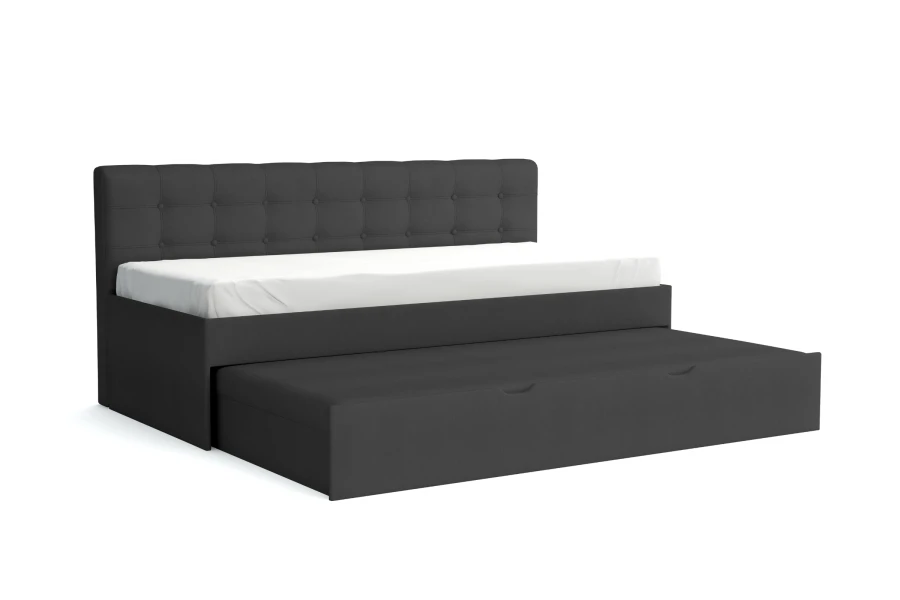 Schwarzes Polsterbett mit Gästebettfunktion und Knopfsteppung.