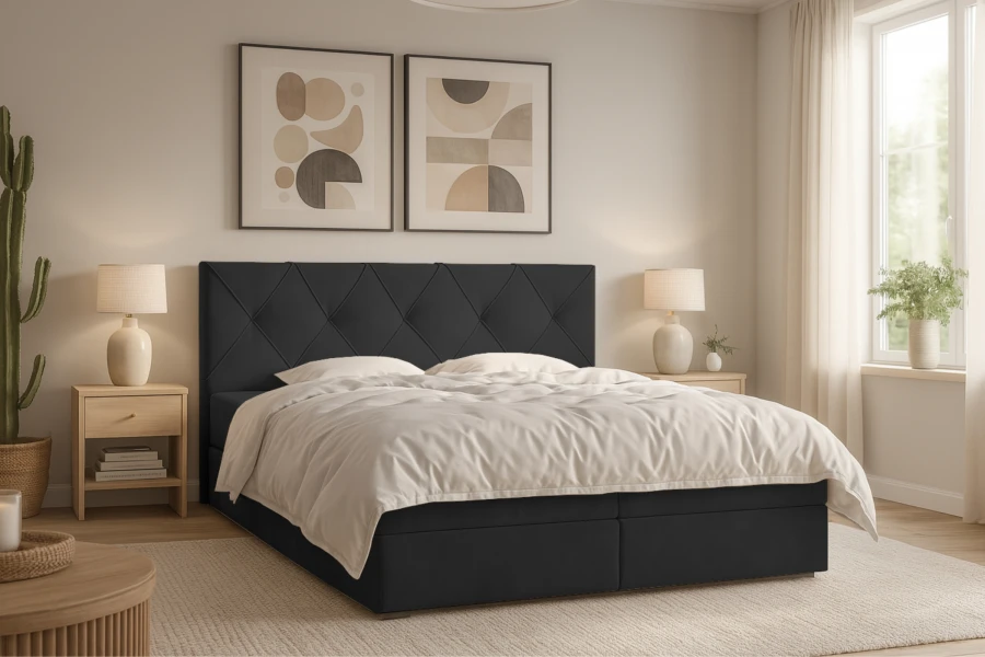 Stilvolles schwarzes Polsterbett mit Rauten-Steppung in modernem Schlafzimmer.
