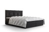 Schwarzes Boxspringbett mit elegantem Rautenmuster am Kopfteil und weißer Bettdecke auf weißem Grund.