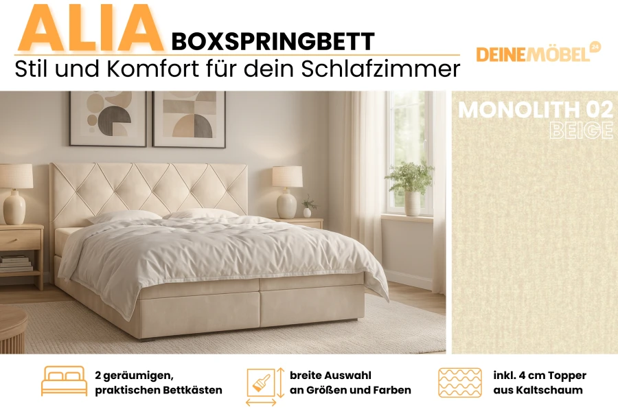 Alia Boxspringbett in Beige mit 4 cm Topper und zwei geräumigen Bettkästen.