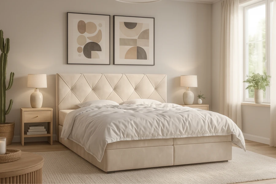 Beiges Boxspringbett mit gestepptem Kopfteil in modernem Schlafzimmer