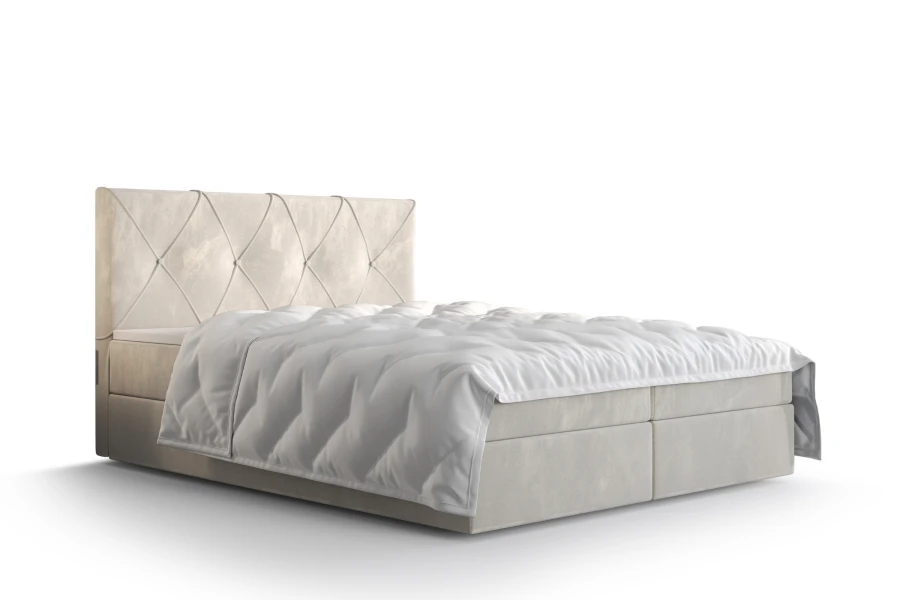 Freistehendes beige Boxspringbett mit Rautenmuster am Kopfteil