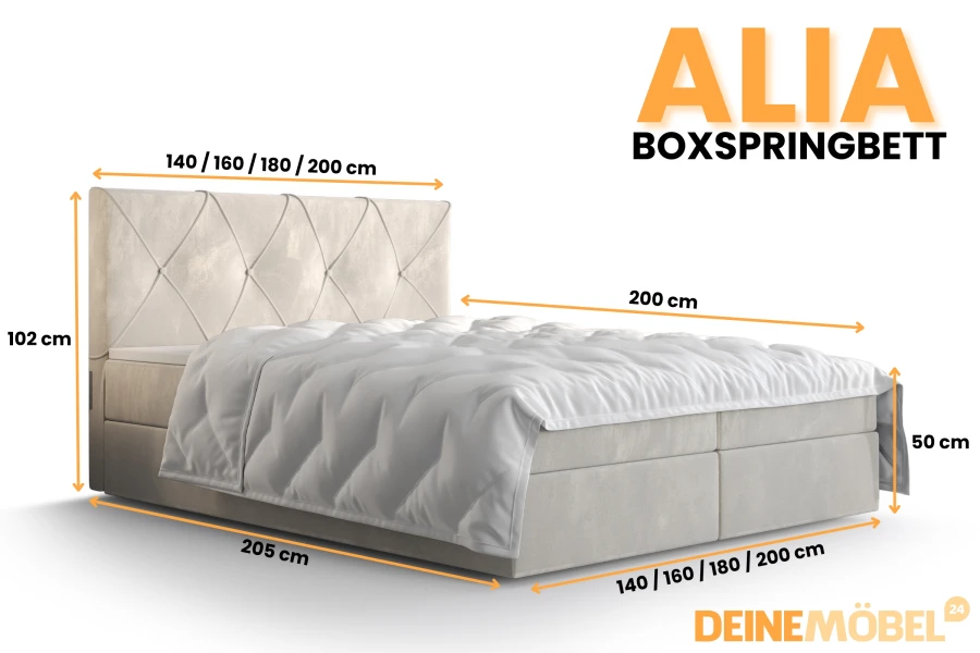 Maßskizze für Alia Boxspringbett mit detaillierten Größenangaben