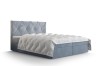 Modernes Boxspringbett in Hellblau mit Rautensteppung am Kopfteil vor weißem Hintergrund.