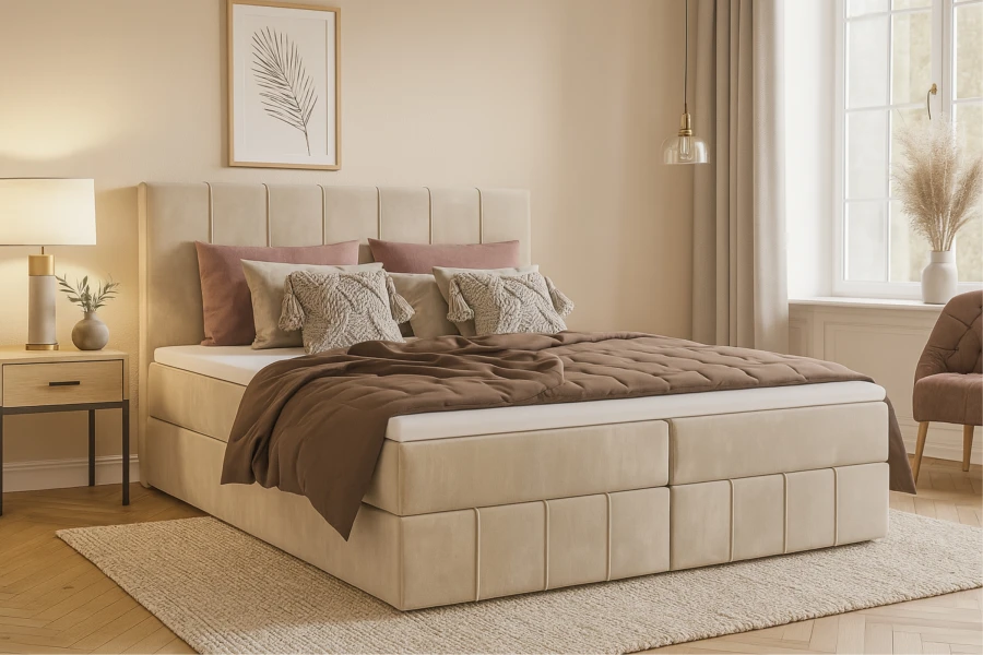 Gemütliches beige Boxspringbett in modernem Schlafzimmer mit brauner Tagesdecke und Kissen.