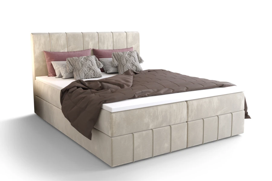 Modernes beige Boxspringbett mit gepolstertem Kopfteil, freigestellt auf weißem Hintergrund.