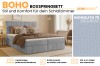 Boho Boxspringbett in Hellgrau mit Bettkasten-Funktion und Kaltschaum-Topper.