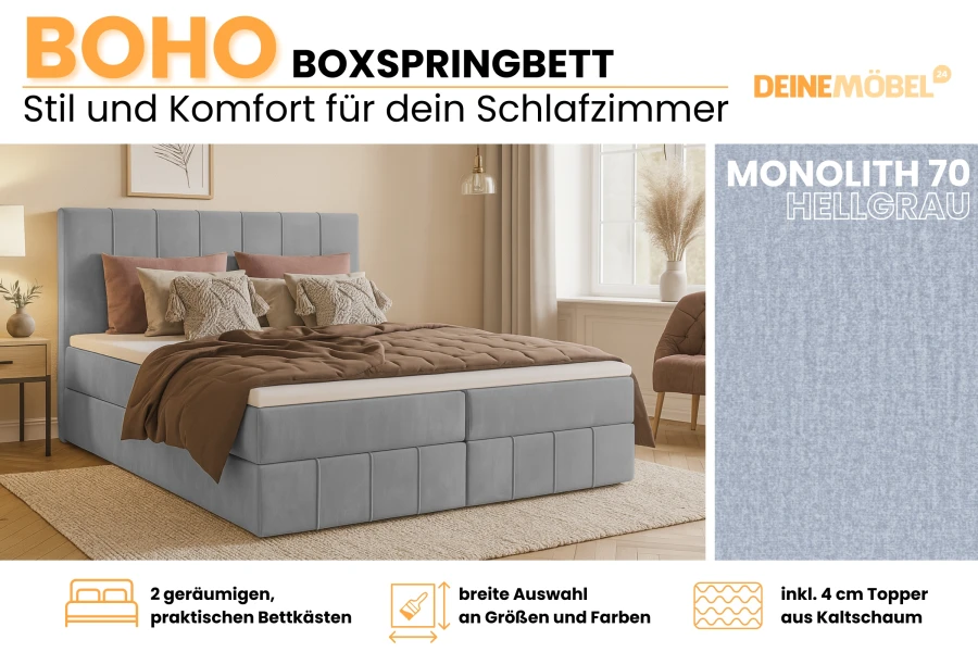 Boho Boxspringbett in Hellgrau – Komfortable Ausstattung mit Bettkasten und Topper.