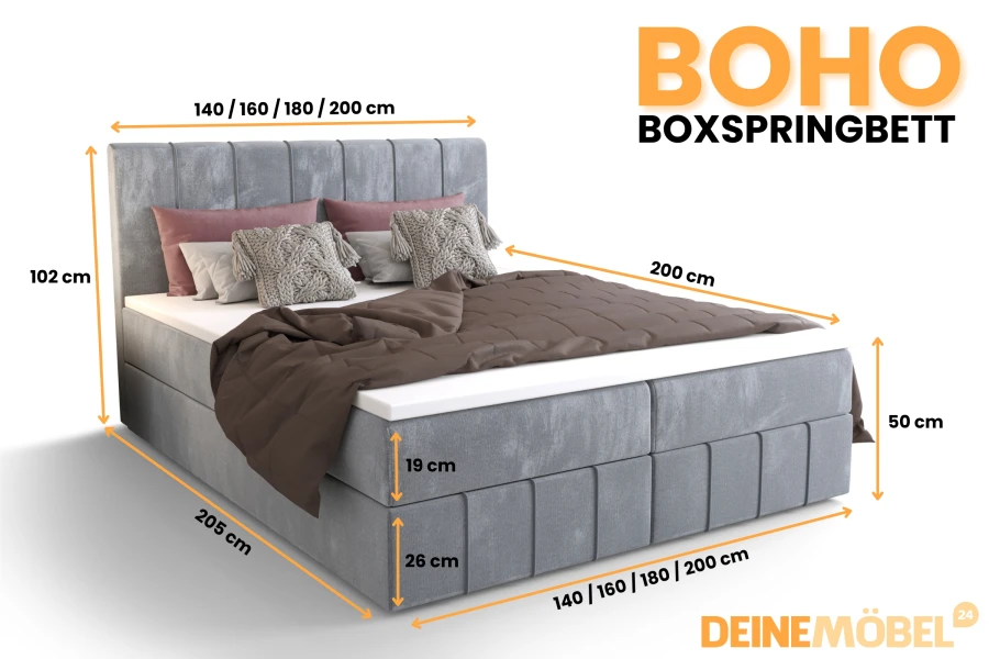 Maßgrafik für das Boho Boxspringbett mit Details zu Höhe, Breite und Länge.