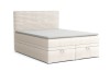Modernes beiges Boxspringbett mit gestreiftem Kopfteil und zwei integrierten Bettkästen.