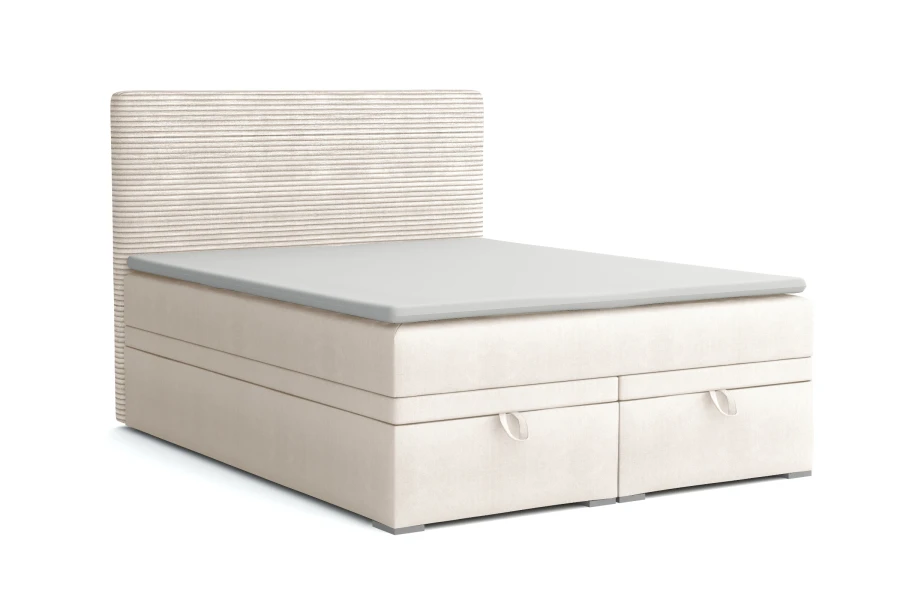 Modernes beiges Boxspringbett mit gestreiftem Kopfteil und zwei integrierten Bettkästen.