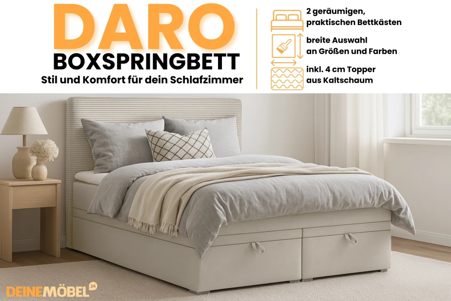 Modernes Boxspringbett DARO in Creme mit Bettkästen und Kaltschaum-Topper für das Schlafzimmer.