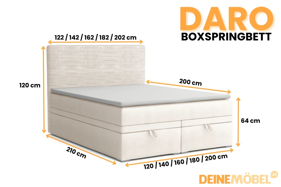 Maßgrafik für das DARO Boxspringbett mit allen wichtigen Abmessungen für verschiedene Größen.