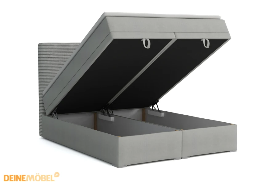 Boxspringbett DARO mit zwei großen, seitlich aufklappbaren Bettkästen für extra Stauraum.