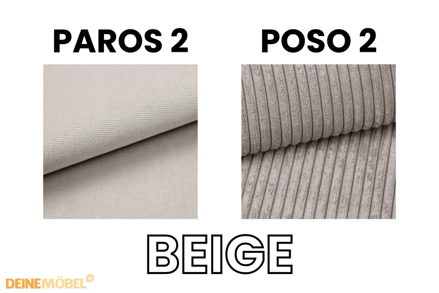 Stoffmuster-Übersicht für Beige: Glatter Paros 2 Stoff und Poso 2 Cord-Optik.