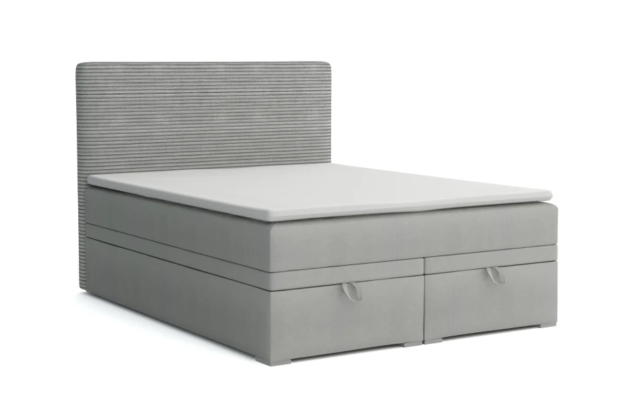 Graues Boxspringbett mit zwei Schubladen und Cord-Kopfteil auf weißem Hintergrund.