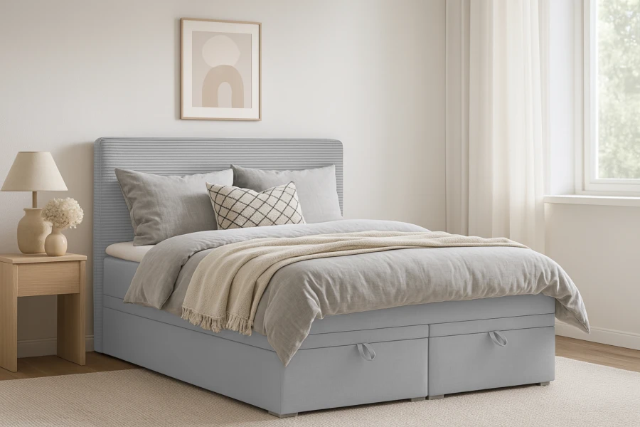 Modernes graues Boxspringbett mit Bettkasten in gemütlicher Schlafzimmer-Atmosphäre.