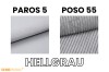 Stoffmuster Hellgrau: Paros 5 (glatt) und Poso 55 (Cord) für Polstermöbel.