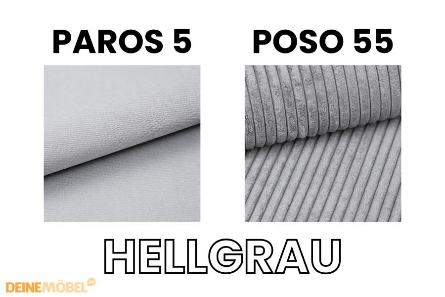 Stoffmuster Hellgrau: Paros 5 (glatt) und Poso 55 (Cord) für Polstermöbel.