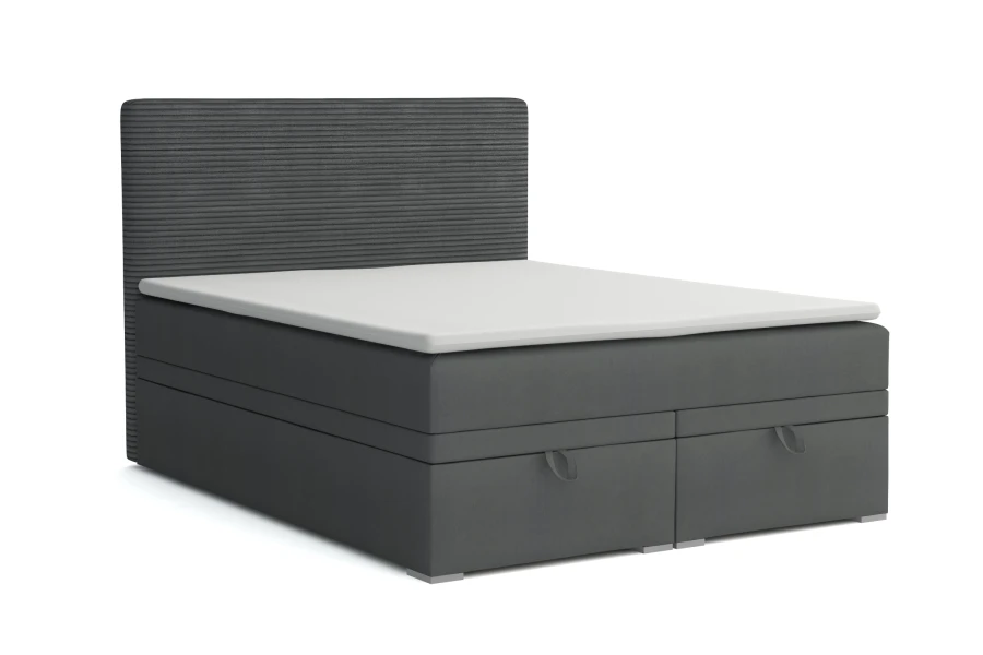 Graues Boxspringbett mit Bettkasten und Kopfteil in Cord-Optik vor weißem Hintergrund.