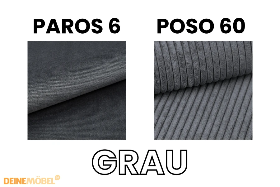 Stoffmuster Grau: Paros 6 (glatt) und Poso 60 (Cord) im Vergleich für Möbelbezüge.