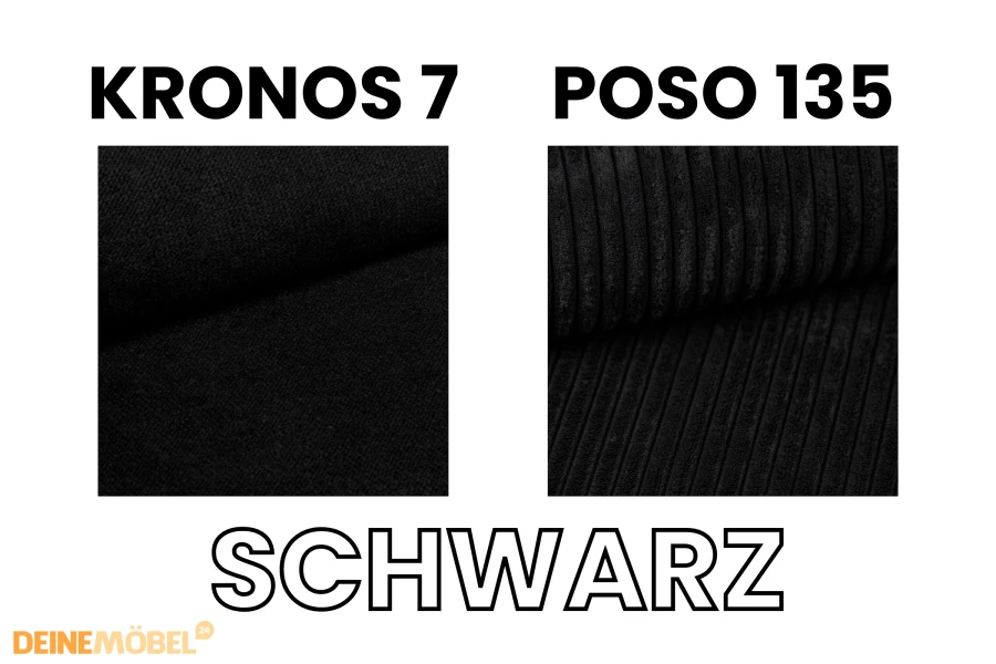 Stoffmuster für schwarze Möbelbezüge: Samtweicher Kronos 7 und strukturierter Poso 135 Cordstoff.