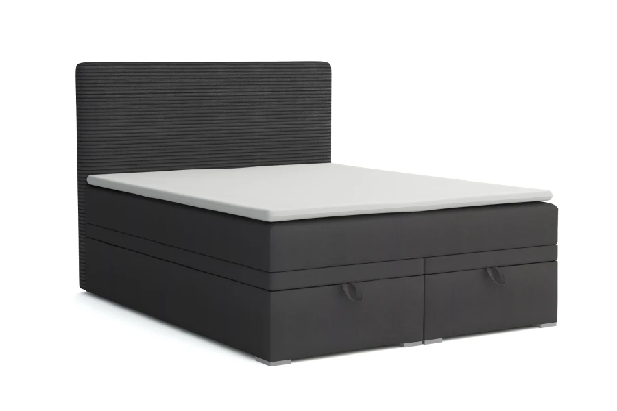 Anthrazitfarbenes Boxspringbett mit zwei Schubladen und grauem Kopfteil